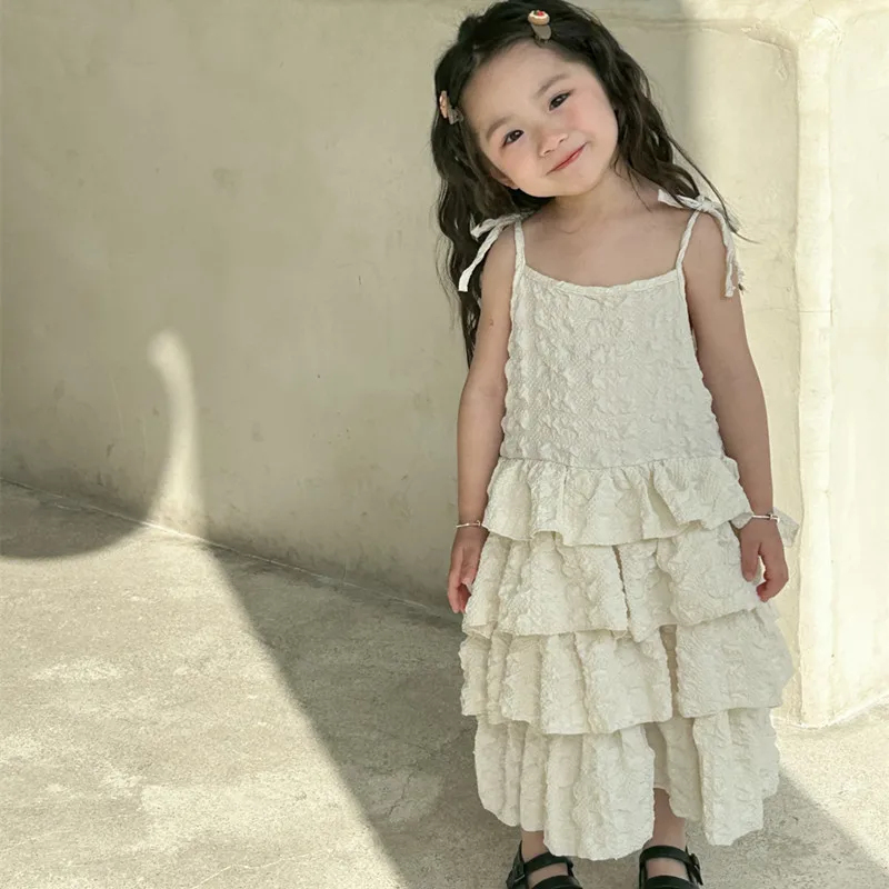 

Spring Girls solid color sling pleated dress 2-7Years Kids fashion Inside Layered dress