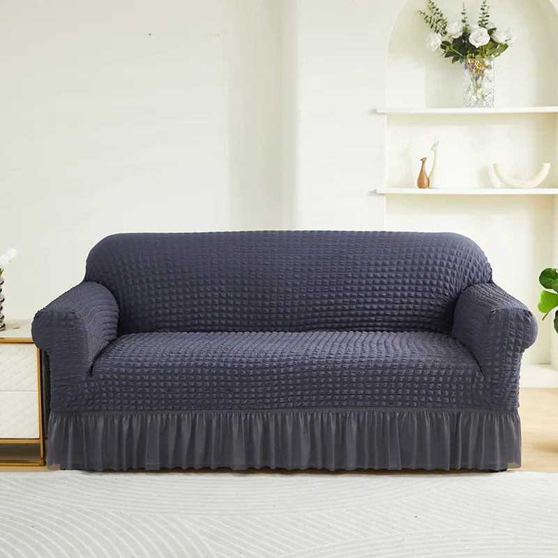 Bubble-Texture Full Sofa Cover Skirted Drape Solid Color Removable Slipcover In Four Width Ranges Standard Sofas Contemporary