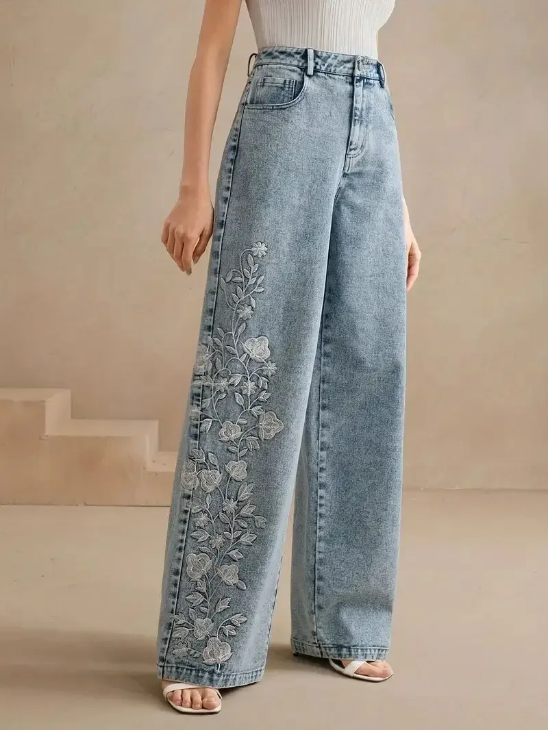 Women's Plus Size Y2K Straight Leg Jeans Trendy Stretch Washed Denim Embroidery Design Comfortable Fashion