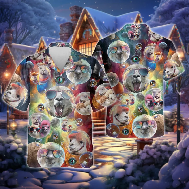 

Рубашка мужская с графическим принтом альпака, модная одежда в стиле хип-хоп, смешная блузка с ламой и короткими рукавами, с забавными животными, овечьими лацканами, на пуговицах, топы для мальчиков