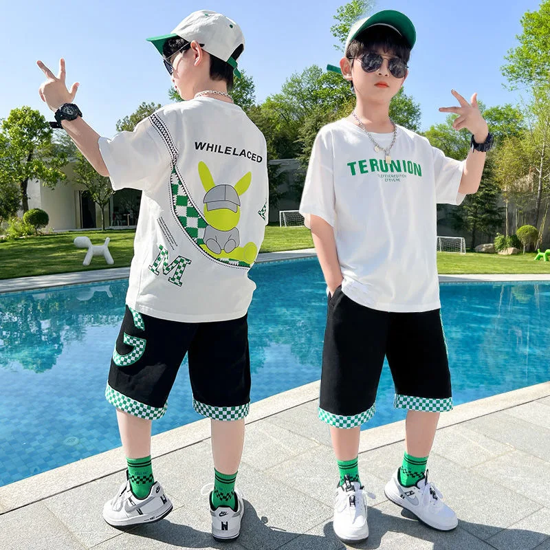 Summer Boys Cotton Alphabet Cartoon T-Shirt Tops+Patchwork Plaid Shorts Pant Set School Kids Tracksuit Child 2PCS Outfit 5-14Yr