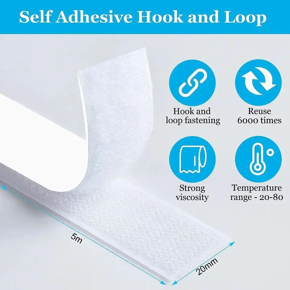 20mm Hook and Loop Strips with Glue Strong Self Adhesive Fastener Double-Side Mounting Tapes DIY Craft Accessories 1/2/5/10/25M