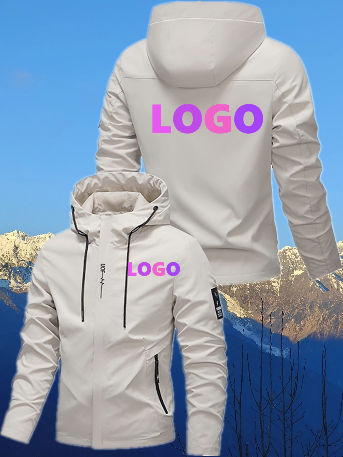 

Мужская легкая куртка с капюшоном — индивидуальный логотип/брендовая печать, застежка спереди на молнии, регулируемый капюшон на шнурке — черные деловые модели