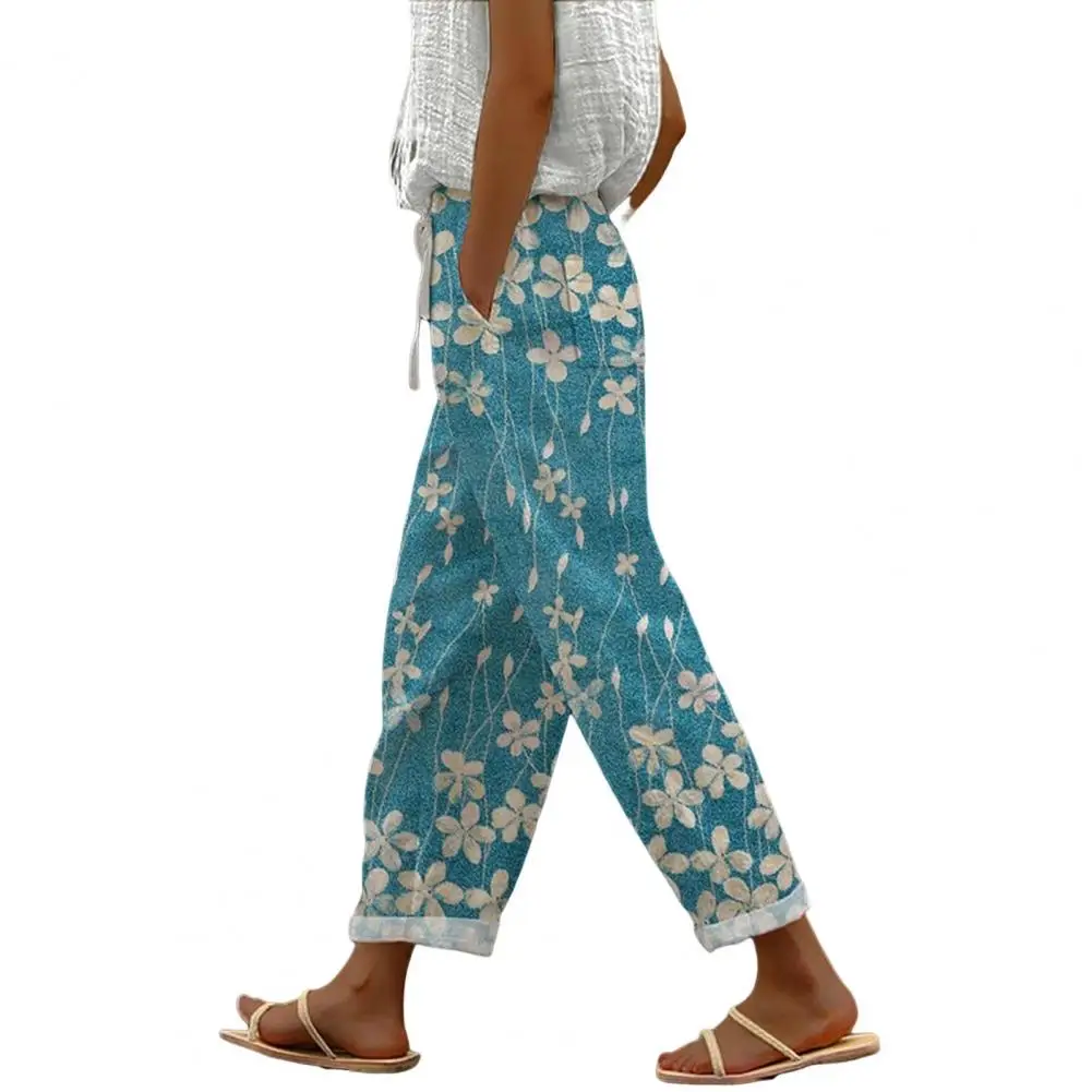 2024 Women Pants Elastic Waist Drawstring Harem Digital Floral Print Office Long Trousers