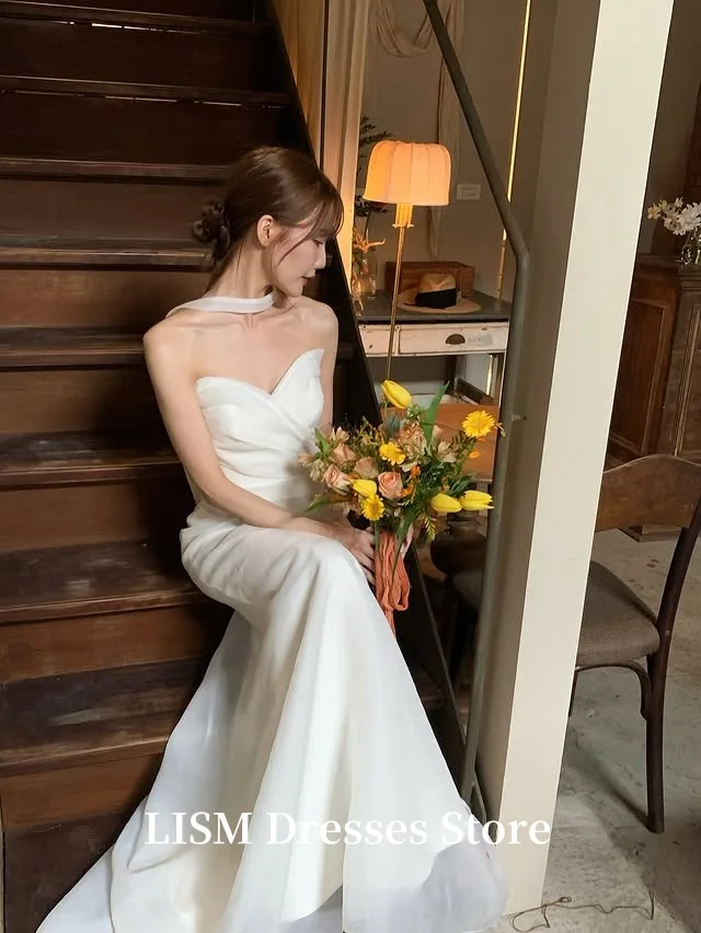 LISM สวีทฮาร์ท เอ-ไลน์ชุดแต่งงานเกาหลีถ่ายภาพผ้าไหมทูล A-Line ยาวสง่างามชุดเจ้าสาว 결혼식 드레ส Corsets