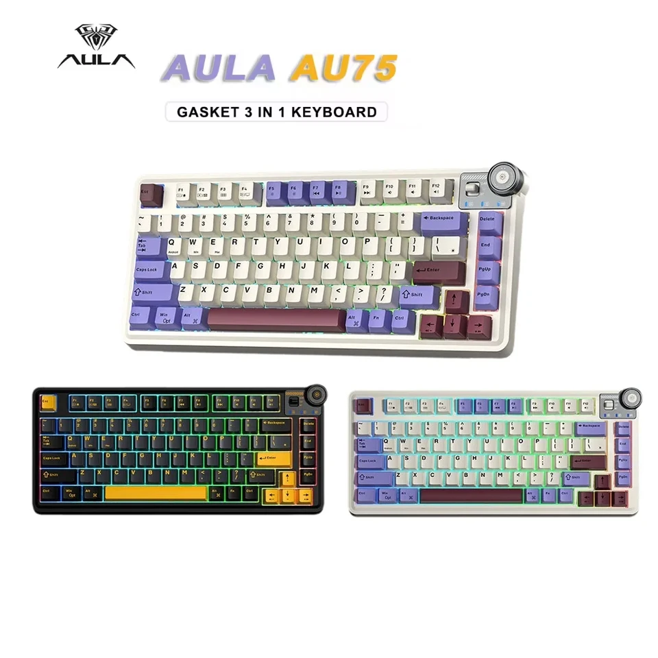 Aula AU75 Wireless Mechanical Keyboard Hot-Swap Gasket Gaming Keyboard with Knob  BT/2.4G/Wired Tri-Mode 4000mAh  75% Five-Layer