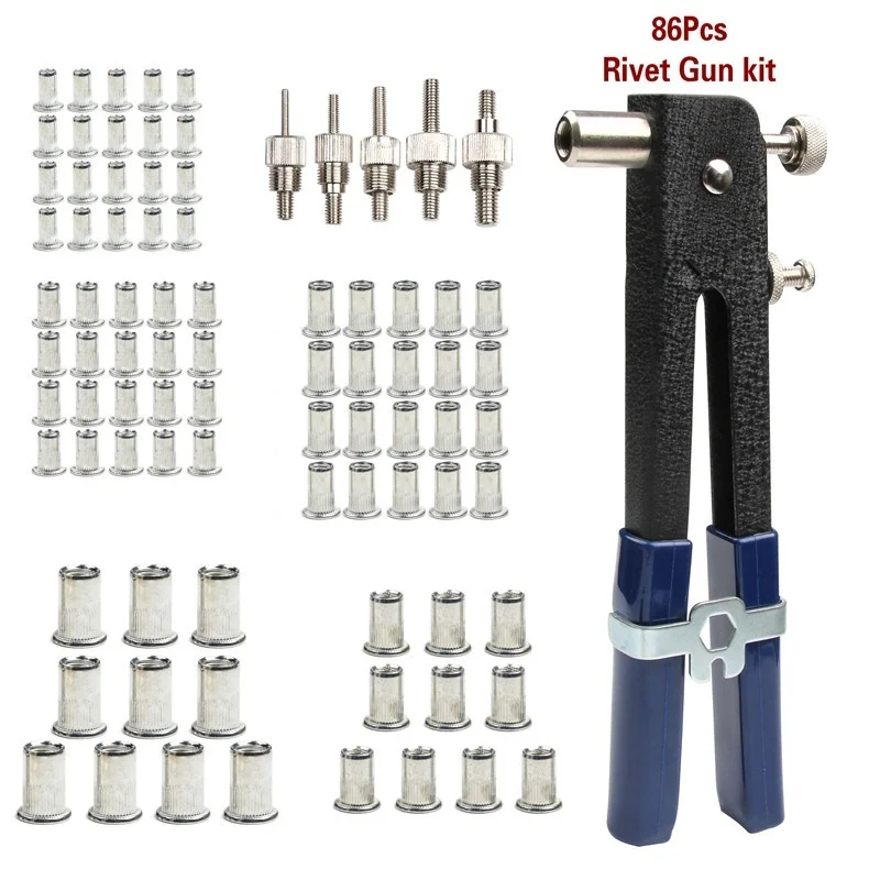 86pcs Blind Rivet Gun Heavy Duty Nut Threaded Insert Hand Riveting Kit M3 M4 M5 M6 M8 Rivet Nuts Nail Gun Household Repair Tools