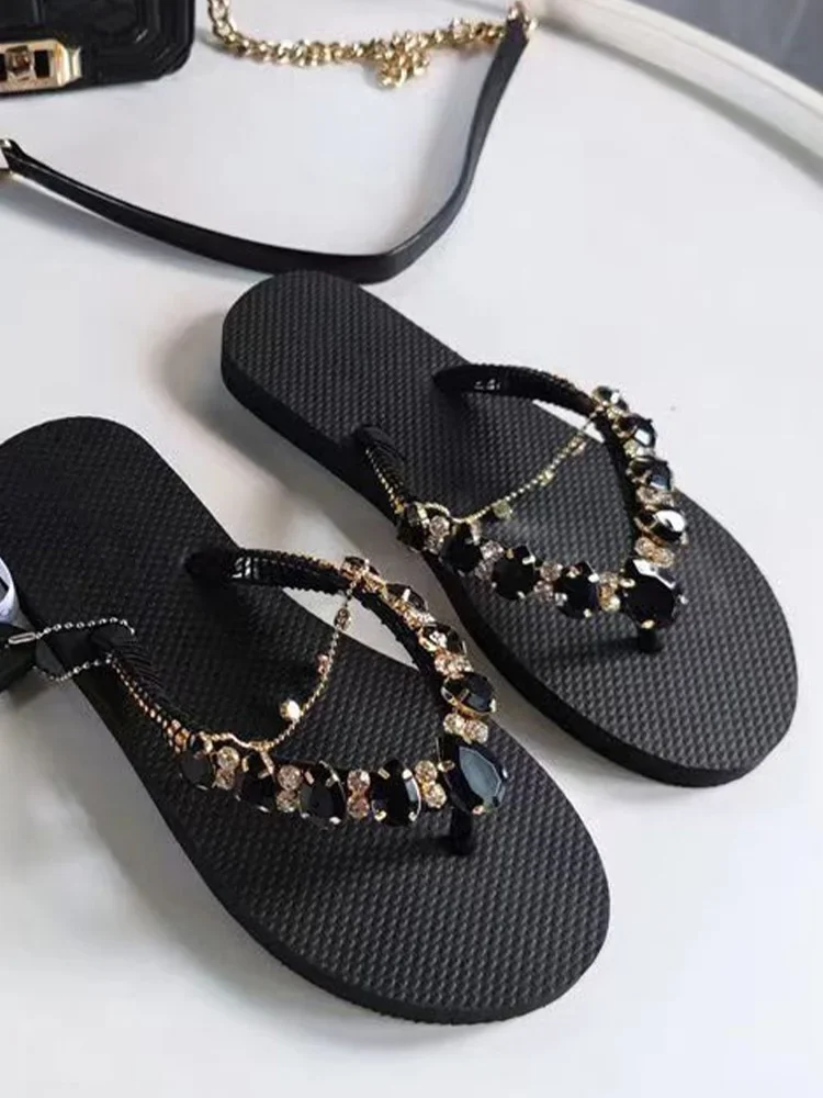 New Flats Slippers Women Shoes 2023 Summer Beach Clip Toe Slides Designer Flip-flops Crystal Chain Sandals Fad Women Slippers 42