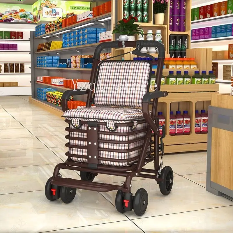 Elderly scooter shopping cart folding seat can sit four wheels to buy food, walking can push small cart, elderly trolley
