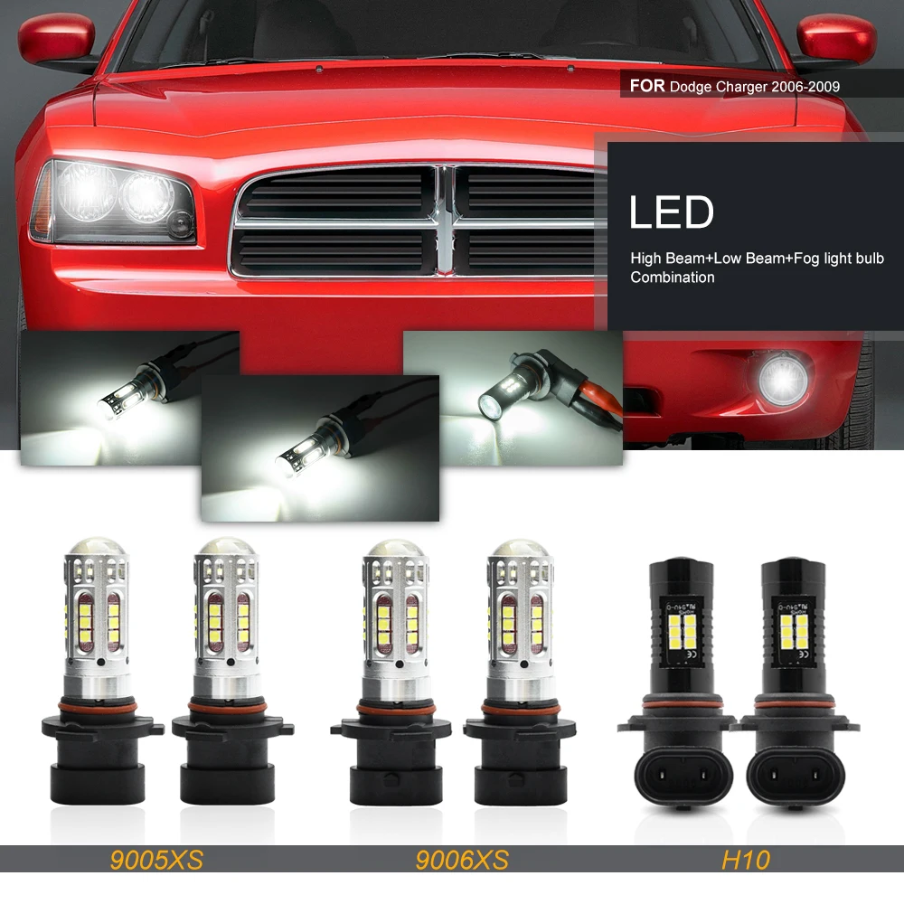 LED Upgraded Hi/Lo Beam Headlights Fog Light Replacement For Dodge Charger 2006-2009 9005XS 9006XS 9145 Bumper Driving Bulbs