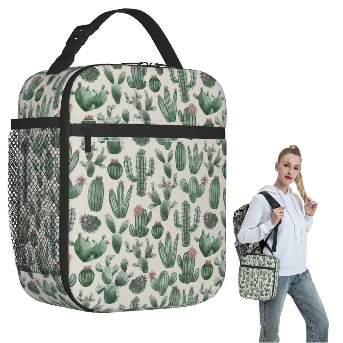 Cute Desert Cactus Columnar Pattern Insulated Lunch Bag for Women Children Portable Food Boxes Thermal Lunch Box Tote