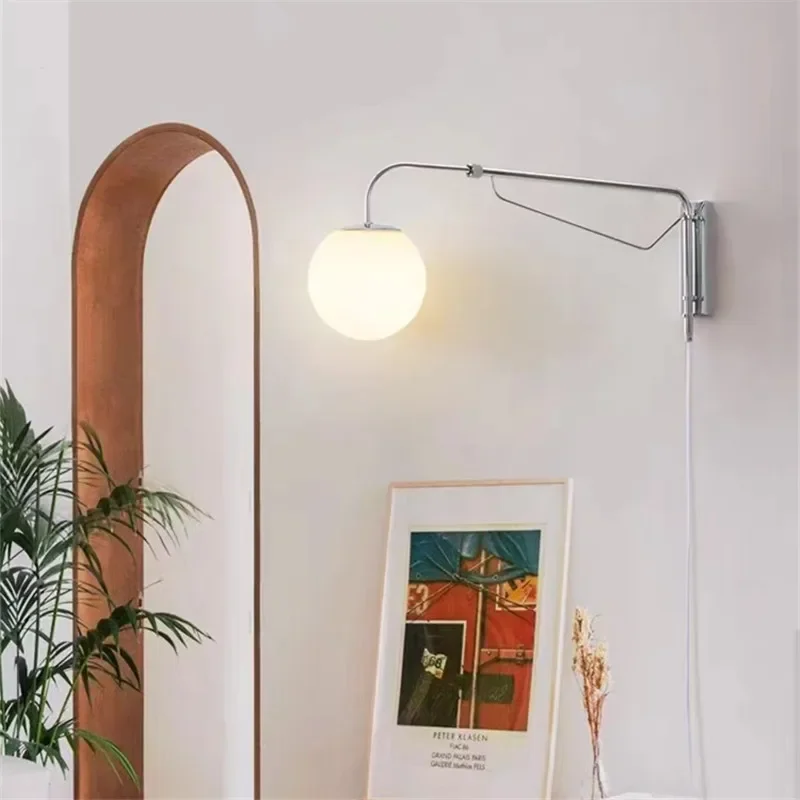 Modern Plug in Wall Lamp LED Rocker Arm Glass Ball Reading Simple Living Room Sofasides Retractable Bedroom Bedside Wall Sconces