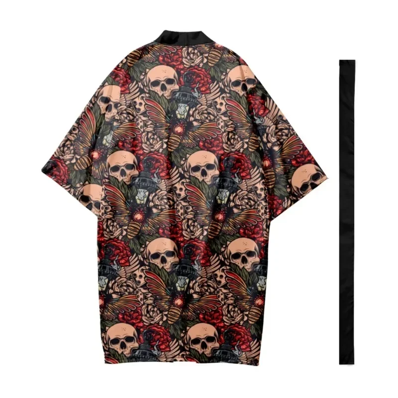 Men's Japanese Traditional Kimono Skull Print Stripes Long Kimono Fashion Cardigan Samurai Bathrobes Yukata Jacket Shirt