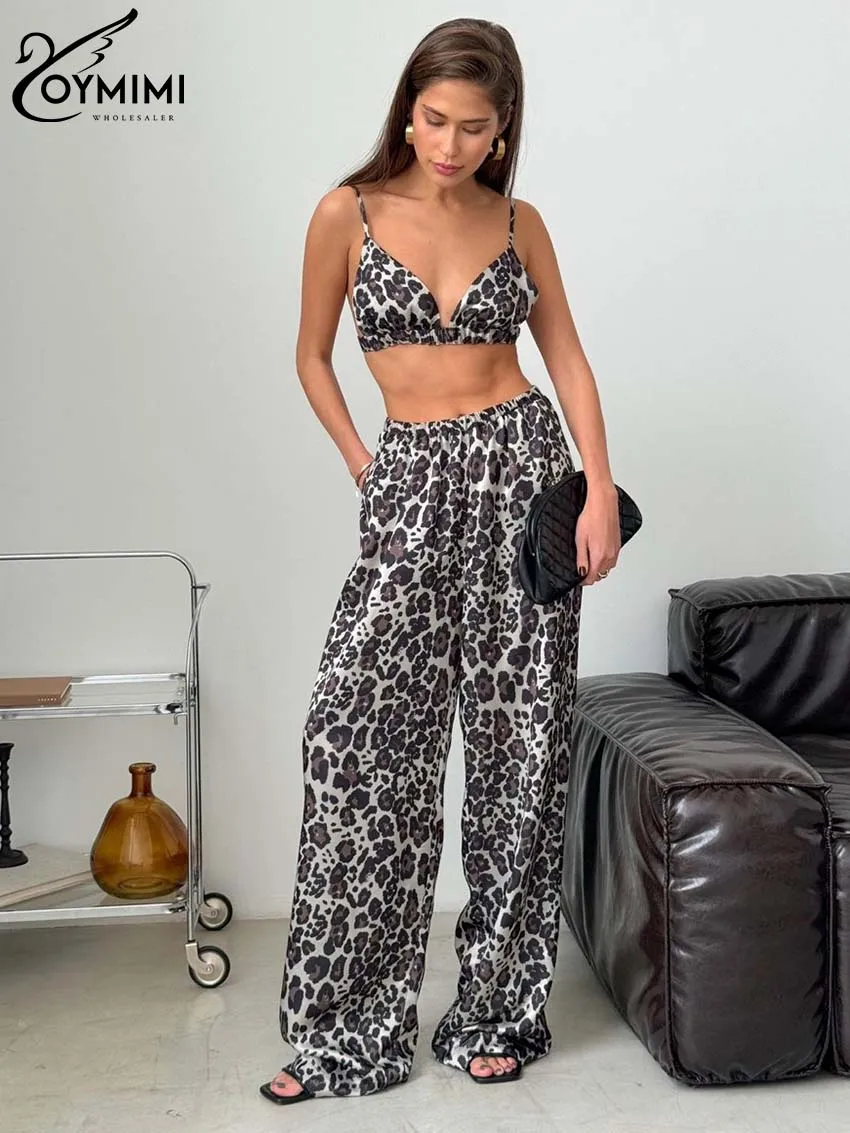 Oymimi Casual Black Leopard Print Women 2 Piece Set Outfit Fashion Spaghetti Strap Open Back Bra And Mid Waisted Trousers Sets