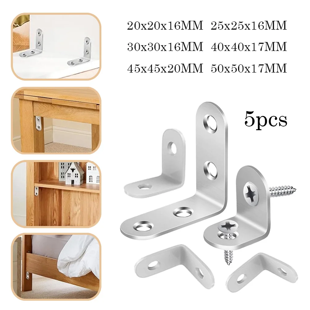 5Pcs Stainlesss Steel L Brackets, Heavy Duty Right Angle Fastener for Wood Furniture, Cabinet, Bed Frame Reinforcement