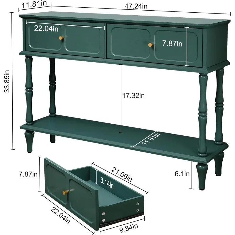 

Консольный столик середины века для прихожей с двумя ящиками, зеленый столик в прихожей в стиле ретро со шкафами для хранения и открытой полкой,