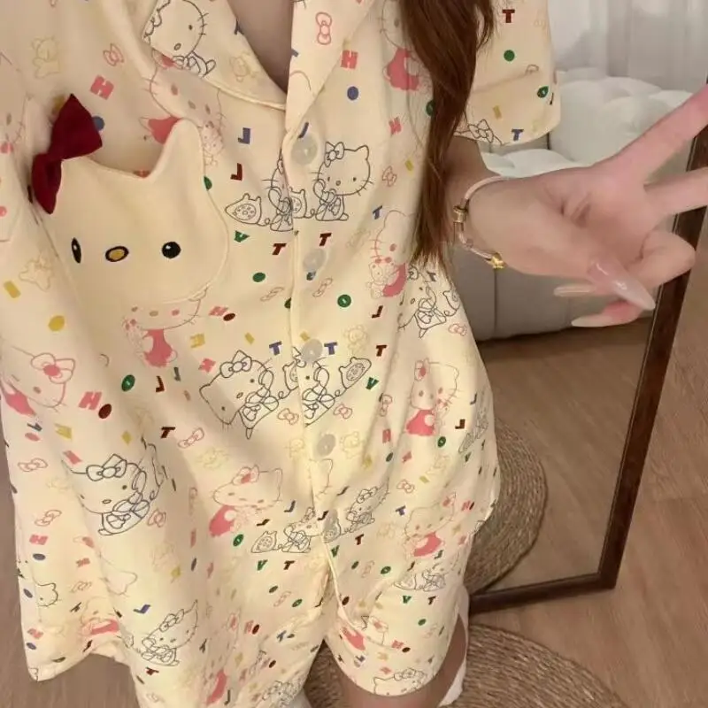 

Новый летний женский пижамный комплект с мультяшным принтом: шорты и футболка с коротким рукавом, в стиле Ins, мягкий домашний комплект из двух предметов для студенток