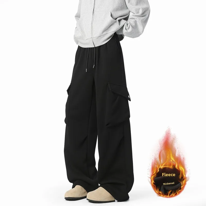 

American Retro Fce Lined Thi Men's Casual Pants Autumn Winter Trendy High Street Loose Fit Comfortable Straight Leg Trou...