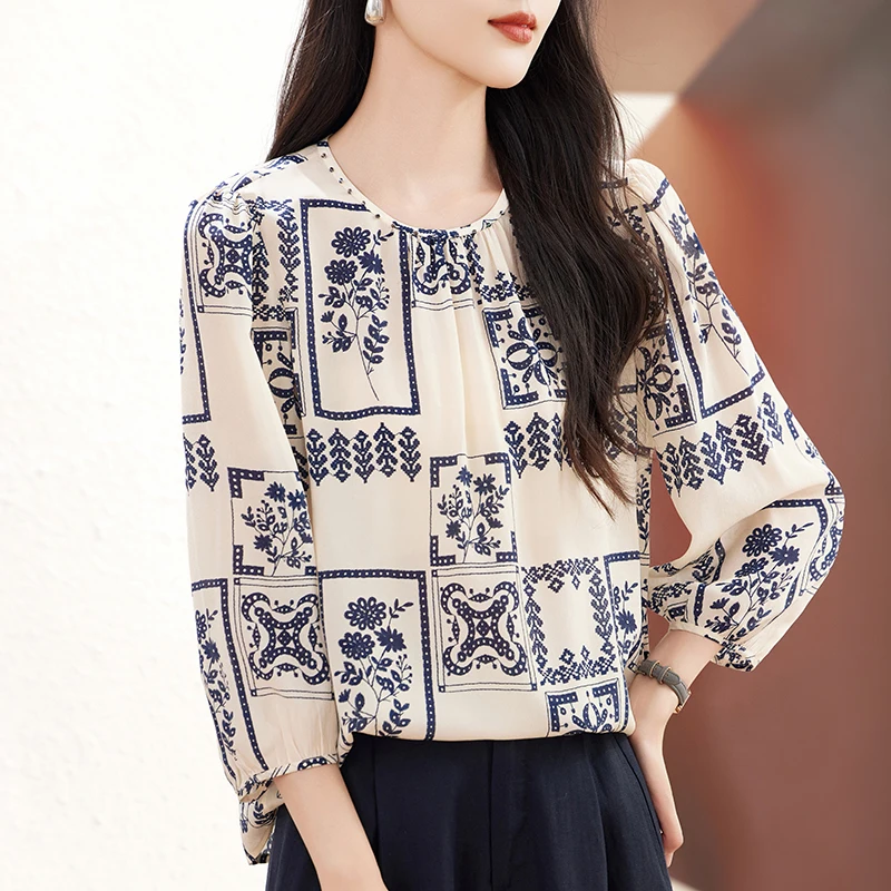 

New 100% Real Silk Women's Vintage Print Blouse Summer Elegant Shirts and Blouses for Women Loose Tops Woman Casual Shirt