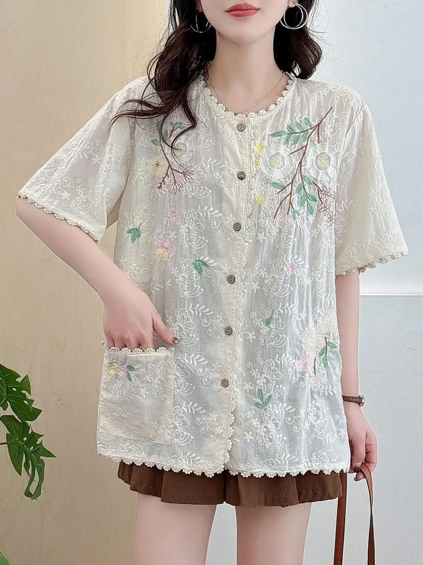 New 2025 Summer Short Sleeve Denim Shirt, Women Turn-down Collar Embroidery, Mori Girl Retro Sweet Casual Loose Blouse T57479CC