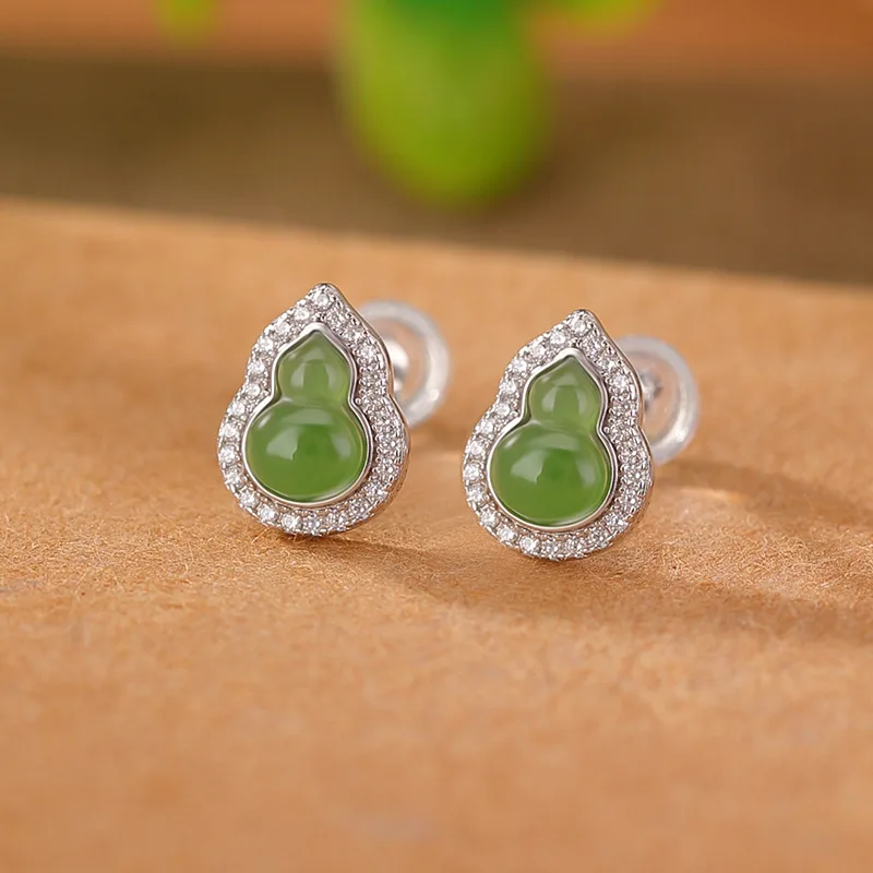 

Серьги из стерлингового серебра 925 пробы Hetian и Bi Jade Lucky Gourd Серебряные украшения