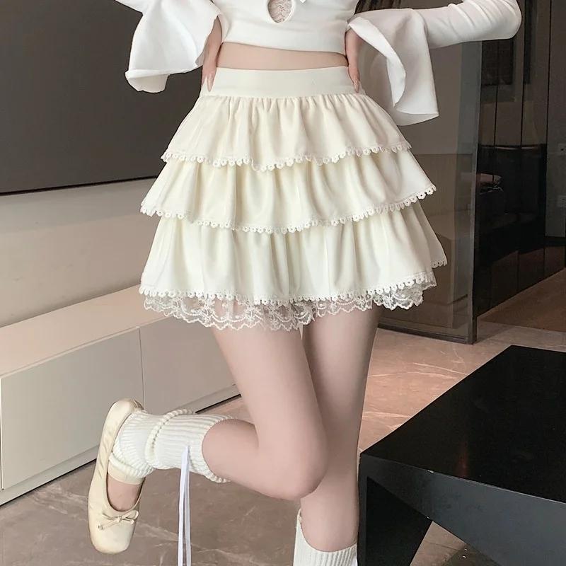 White A-Line Lace Cake Skirt  Princess Puffy Skirts Women's Fashion Short Skirts Half Body Skirts Autumn Winter New Arrival