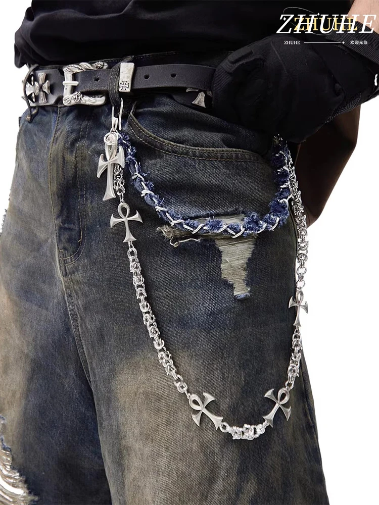 

Стильная медная цепочка на талию для мужчин и женщин, двухслойная цепочка для джинсов с крестообразным элементом, незаменимый аксессуар для уличной моды.