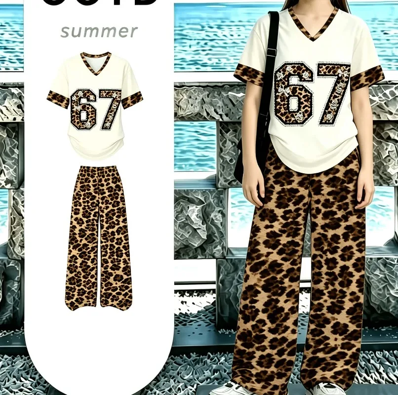 Y2K Millennium Style Leopard Print Digital 3DPrinting Children's and Women's Breathable Quick Drying Loose T-shirt and Pants Set