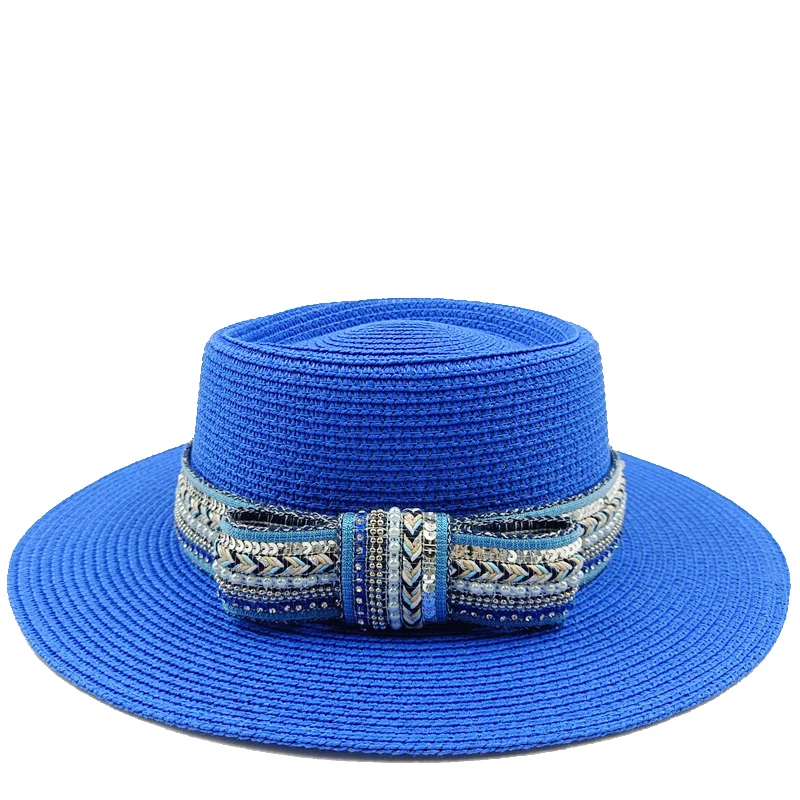 Beach Hat Treasure Blue Bow Sun Hat Spring New Straw Hat New Product Men's and Women's Hat Flat Top Straw Hat Summer