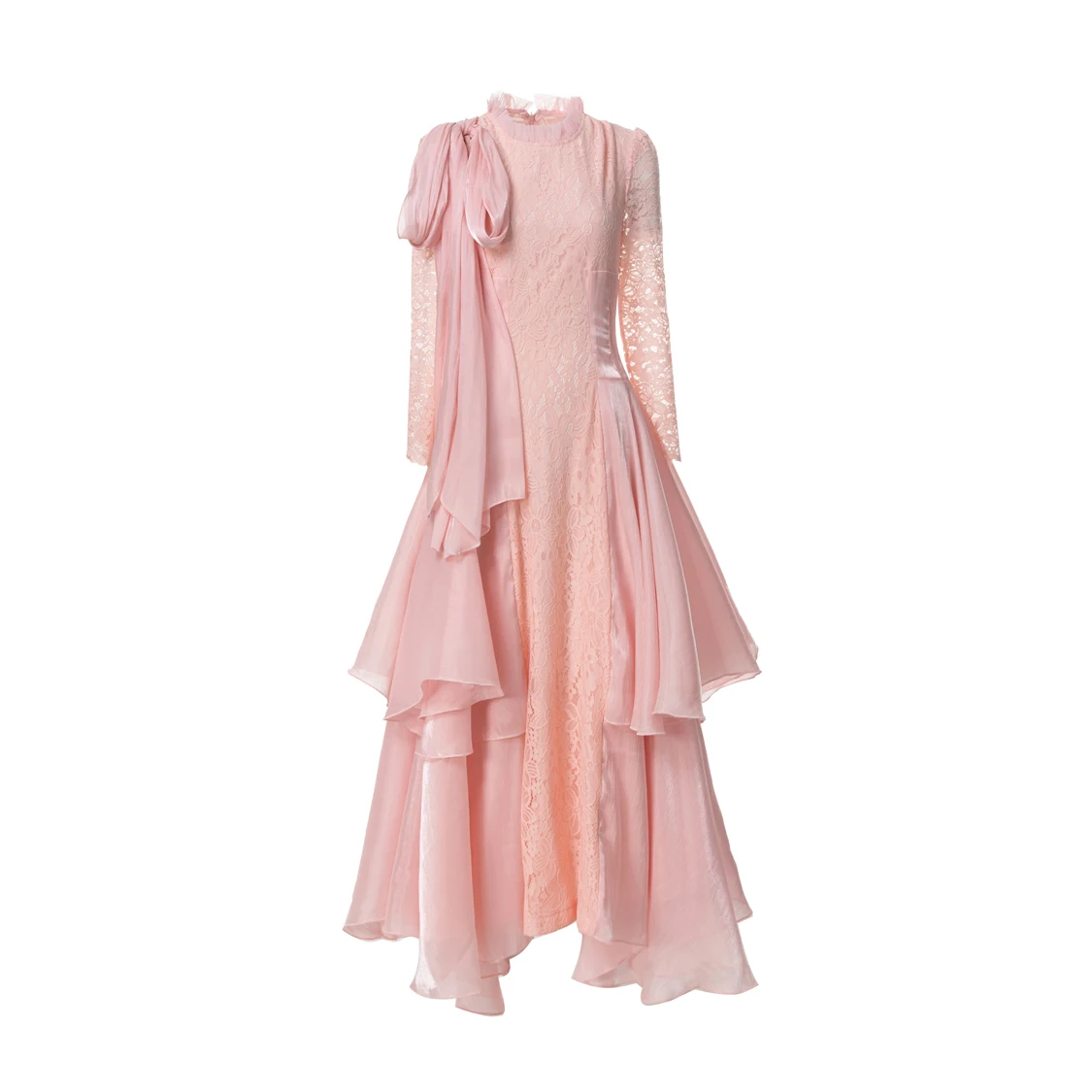 Vestido feminino com babados, gola drapeada, mangas compridas, babados em camadas, elegante, moda, vestido de festa