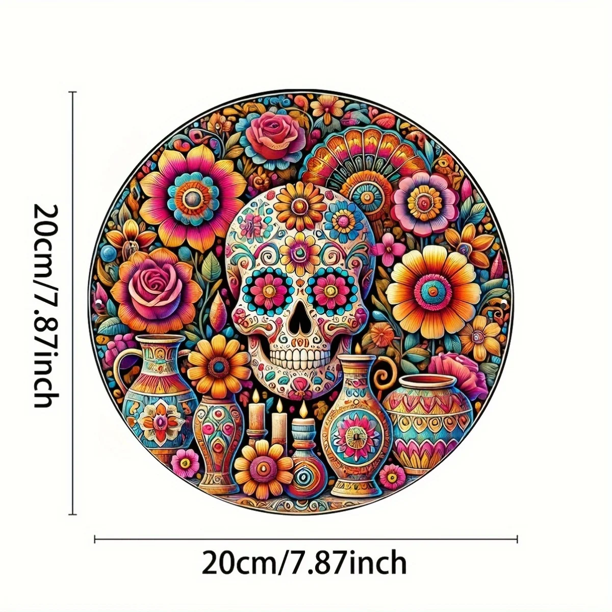 Vintage Day Of The Dead Floral Vase Candle Sugar Skull Round Metal Sign 2D Flat Boho Cottage Entryway Wall Decor Gift