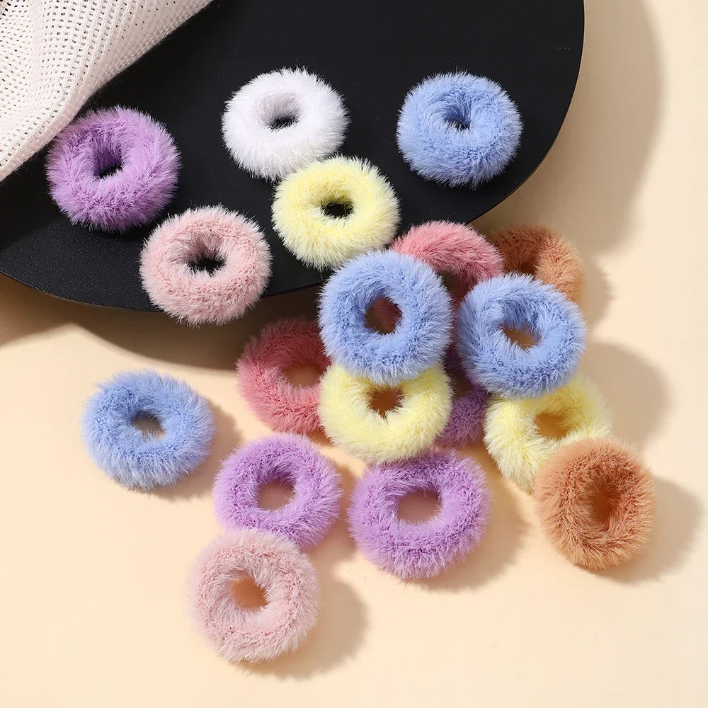 5pcs/bag Girls  Mini Colorful Plush Hair Ring Fat Intestine Ring Baby Hairy Head Rope Furry Rubber Band Baby Hair Accessories