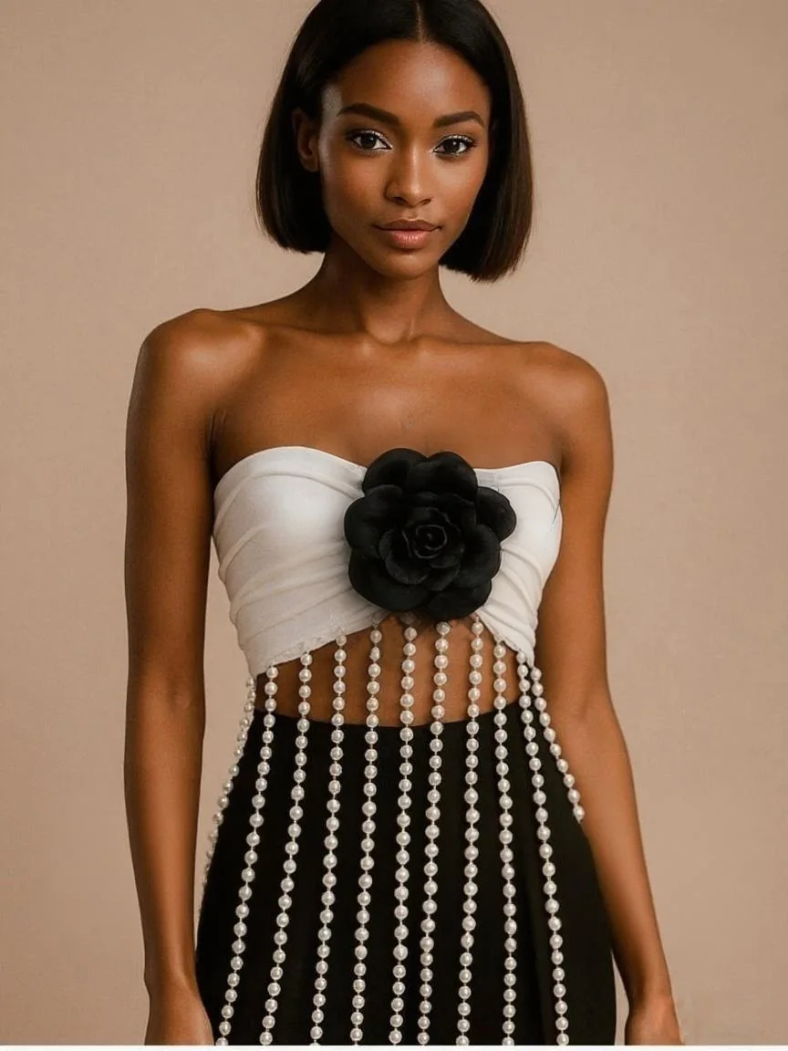 2025 Women Sexy Strapless Pearl Tassel 3D Flowers Black Dress Birthday Party Costume Bar Nightclub Stage Performance Clothing