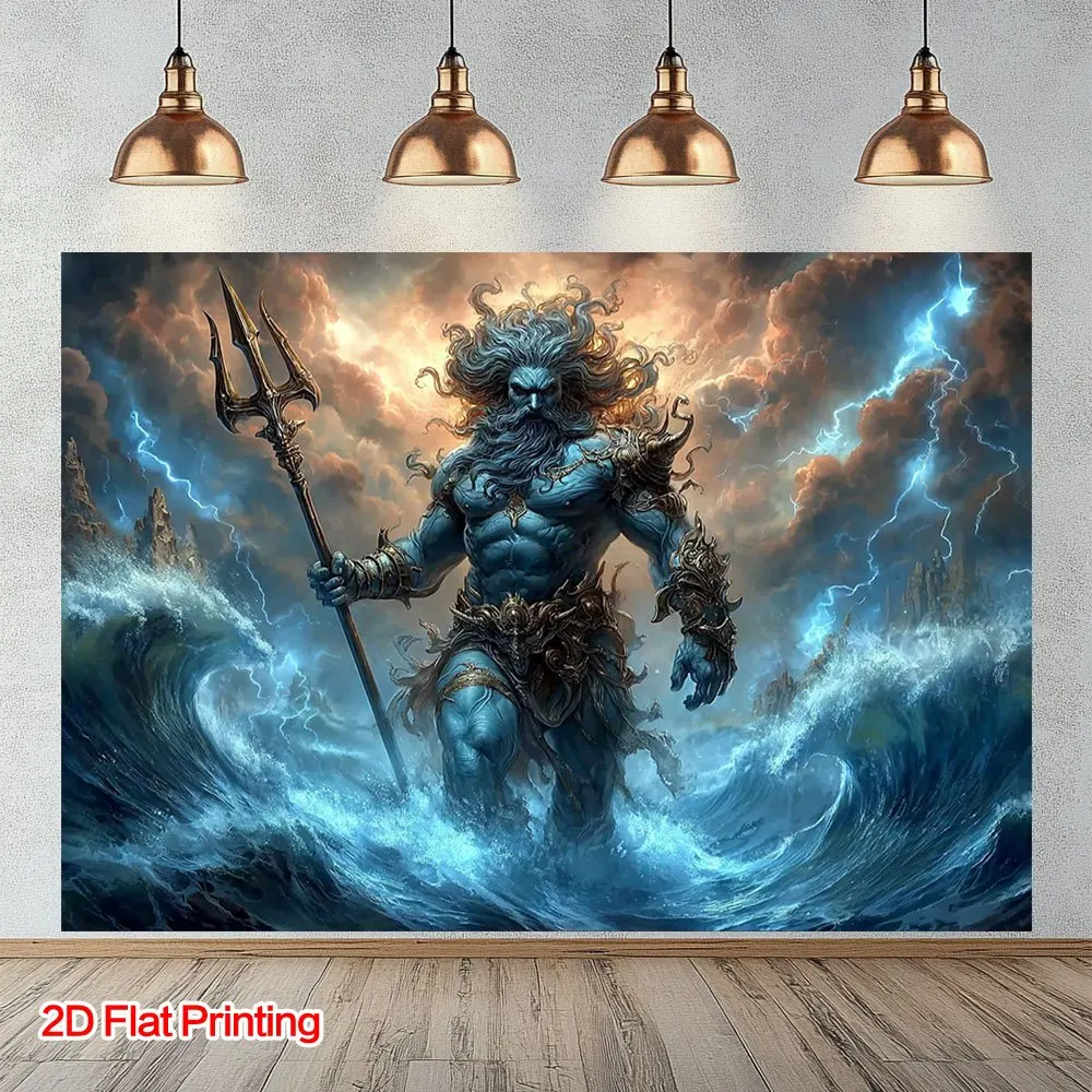 1pc Greek God Poseidon Wall Tapestry, 2D Flat Print Ocean Mythology Art, Poseidon With Trident Polyester Wall Hanging, Greek Rom