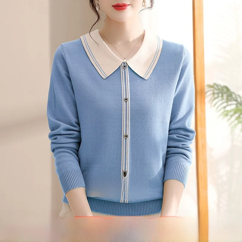 

European Style Large Size Mommy Collared Knitwear Long Sleeve Sweet Style Base Layer Shirt Chinese Origin Regular Thickness