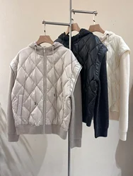 Jaqueta de caxemira casual com capuz feminino, manga de malha, patchwork, jaqueta de ganso branco quente, ajuste solto, moda inverno, novo, b * c