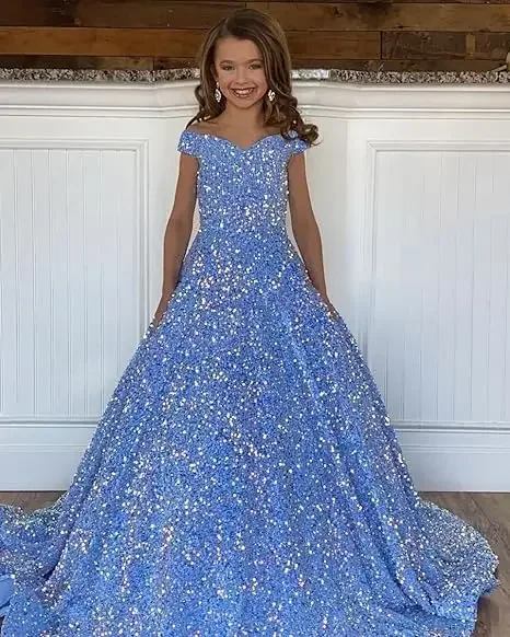 Vestidos de niña de flores con lentejuelas y hombros descubiertos con purpurina para bodas, vestido largo para fiesta infantil, desfile de cumpleaños, vestido Formal de baile de princesa