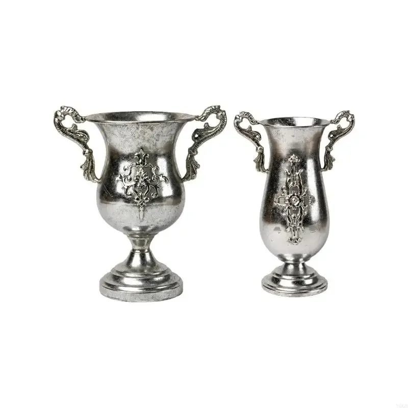 Antique Silver Metal Display Piece with Raised Pattern, Side Rings, and Base Stand for Dining Table Entry Hall Use Y5GB