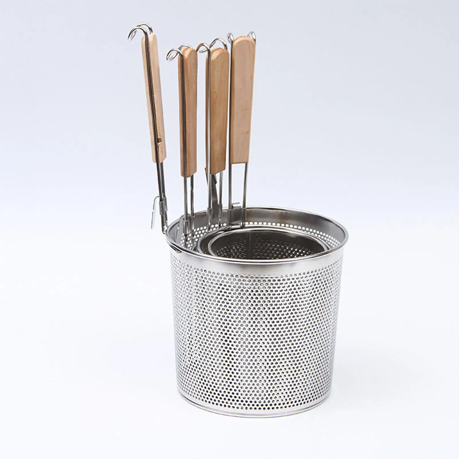 Stainless Steel Pasta Strainer Frying Serving Basket with Wood Handle for Onion