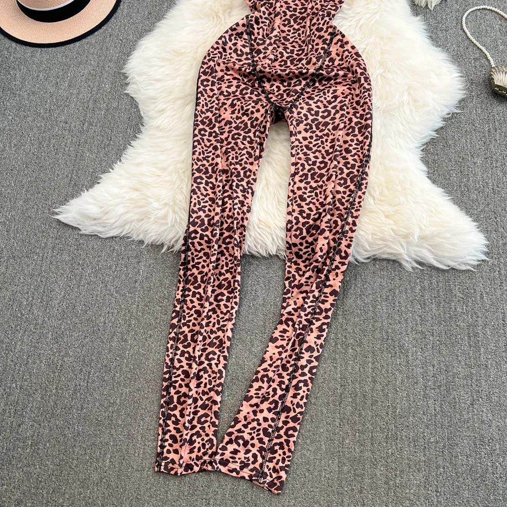 Foamlina American Ins Hot Sexy Deep V-neck Leopard Print Jumpsuit Women\'s New Tight Slim Girl\'s Bodycon Backless Trousers