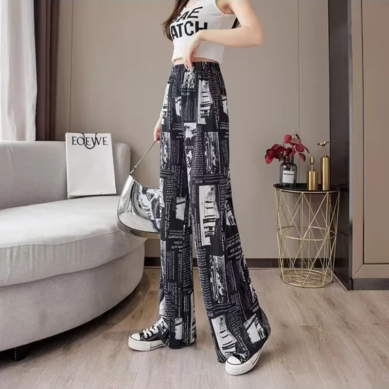 

High Waist Drape Baggy Casual Sweatpants Oversize 145KG Fat Girls Ice Silk Wide-leg Pantalones Women's Summer Thin Tie-dye Print