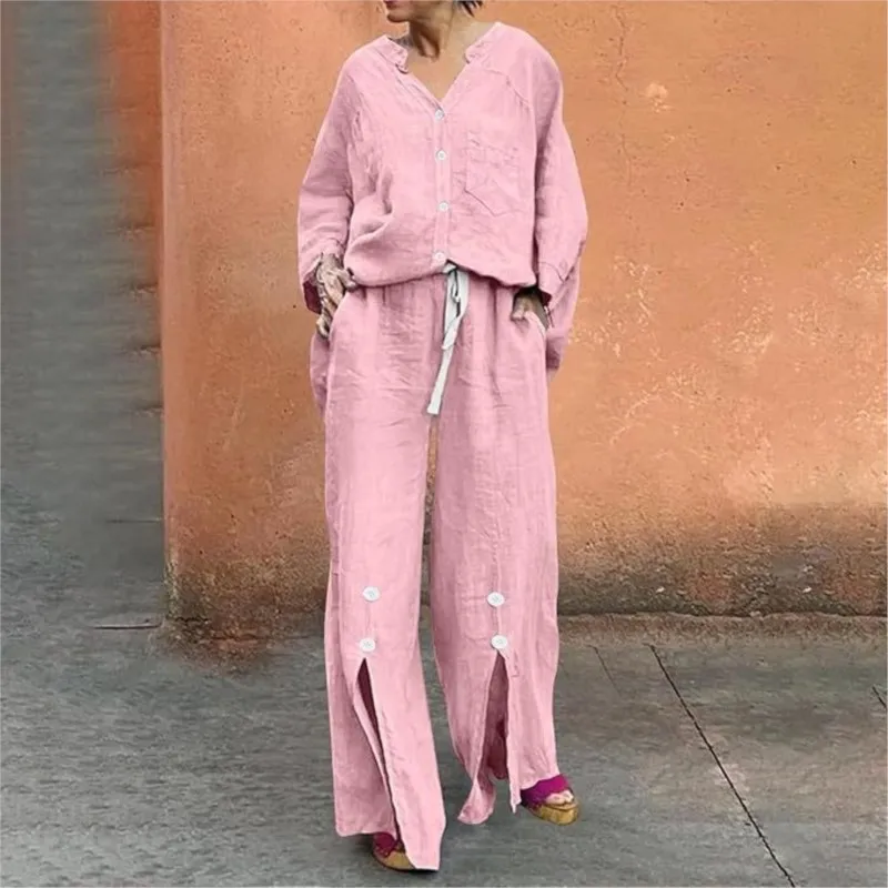 

Красивые женские комплекты из хлопка и льна, рубашка и брюк, повседневный свободный комплект из 2 предметов, топ с длинными рукавами + широкие брюки, наряд, уличный костюм