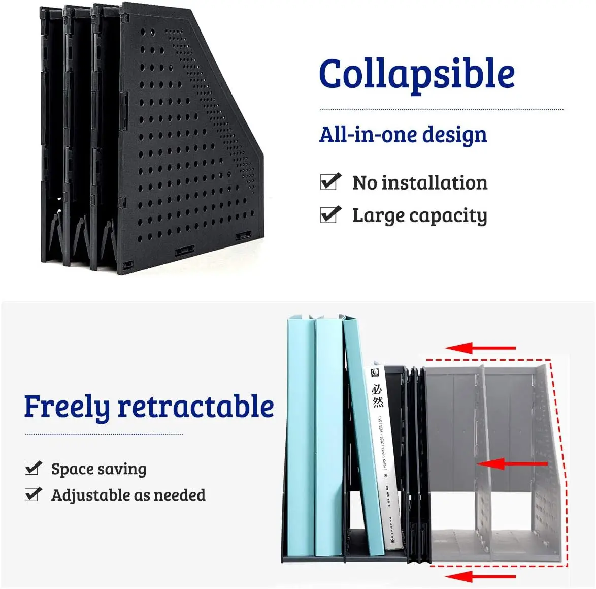Collapsible 4 Compartment Magazine Holder Desktop Adjustable Sturdy File Dividers Document Cabinet Rack Display (Black)