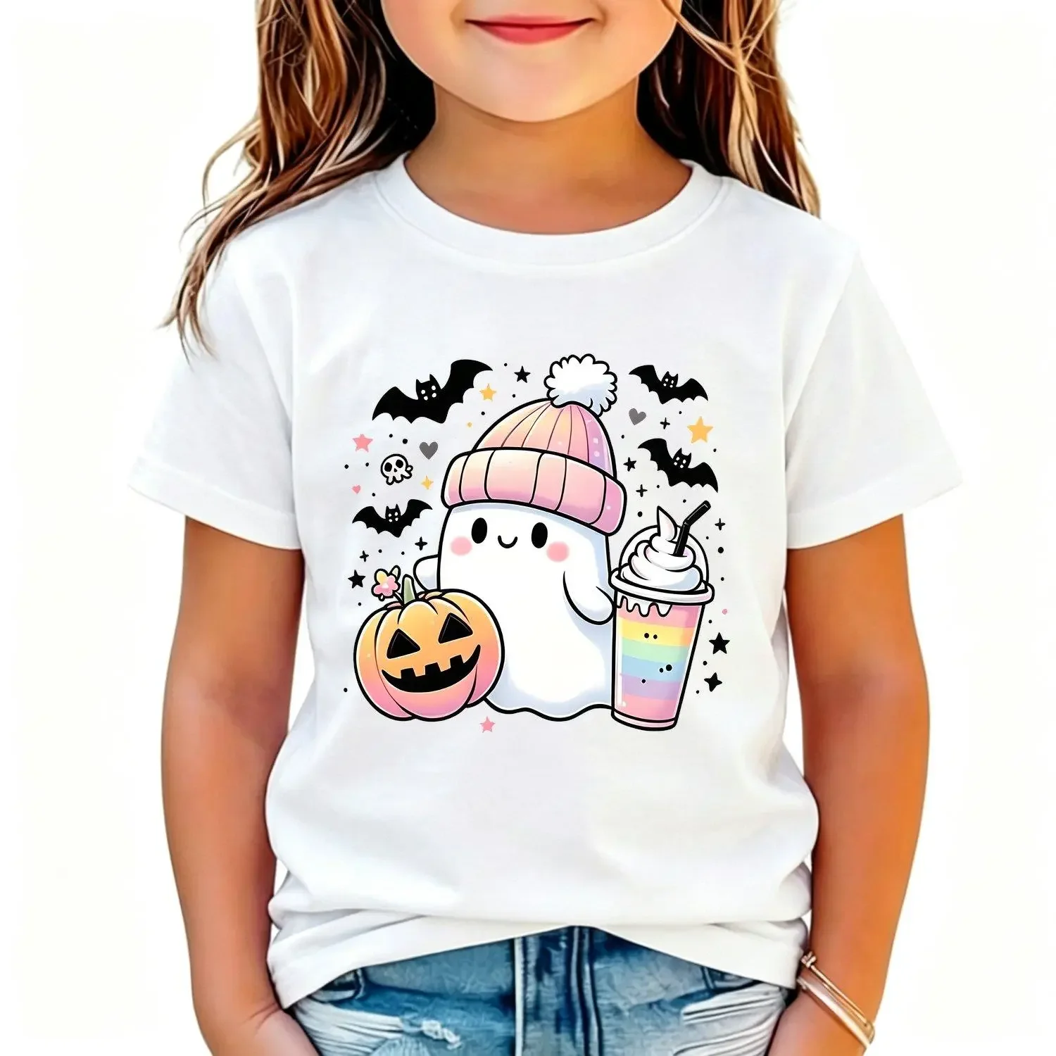 Girls T Shirts Bat Pumpkin Boba Tea Print Short Sleeve Bat Pumpkin Boba Tea Applique Round Neck Casual Blouse for Halloween Outfit Casual Top Girls Clothing Fashion