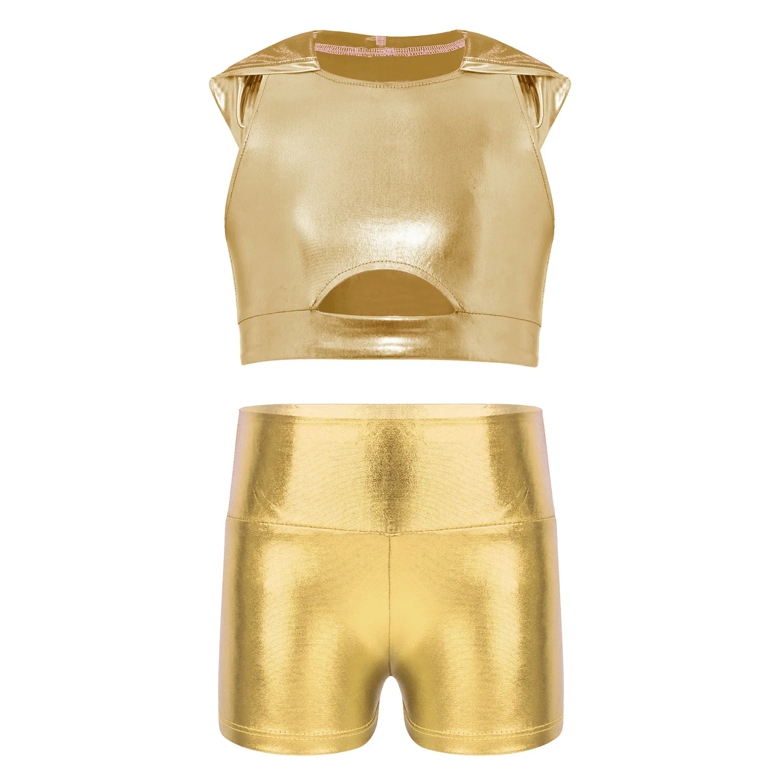 

Shiny Metallic Jazz Dance Outfit for Girls Sleeveless Cutout Front Hooded Crop Top+Shorts Gymnastics Performance Disco Dancing