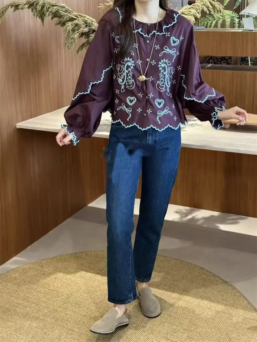 

Ele Sweet Sle Long Sve Cotton irt Embroidered Hollow out Heavy Work Stand Collar Button up Women's Top