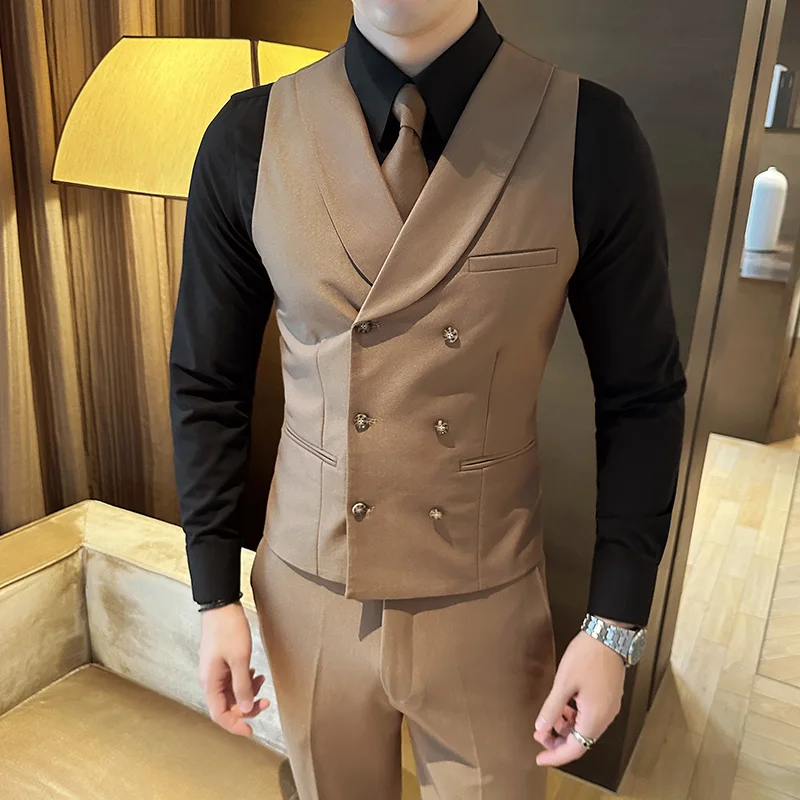 High Quality Double-Breasted Solid Mens Vest Coat Korean Style Business Slim Fit Male Waistcoat Groom Wedding Dress Suit Vests