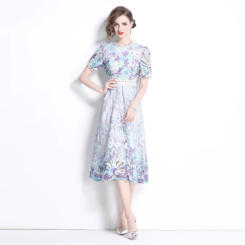 Fashionable slimming hollow out water-soluble lace positioning printing mid length dress YSQ539095