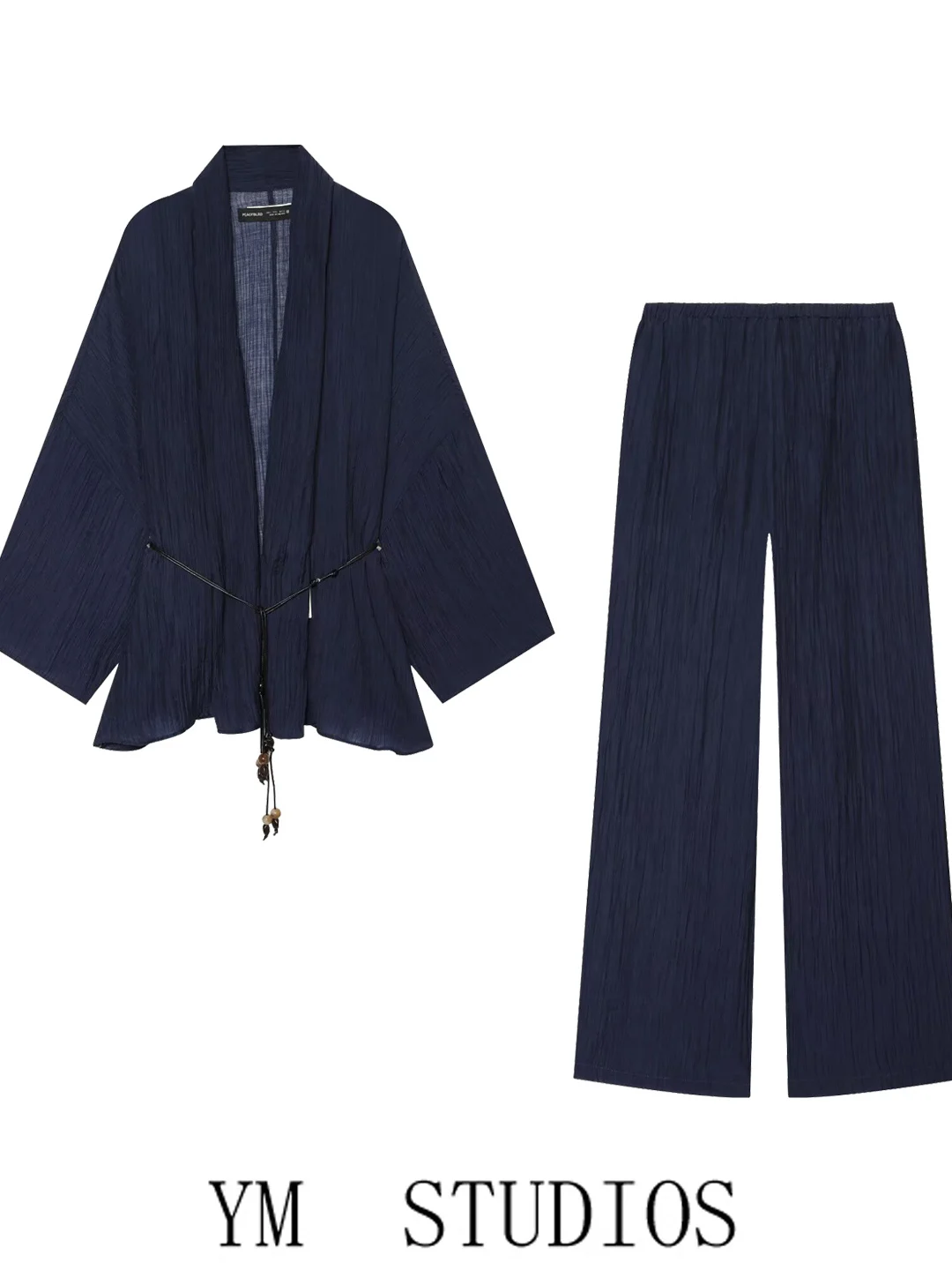 Women's V-neck Half-transparent Pleated Effect Shawl Coat Beaded Waist Belt Thin Long Pants Set Loose Fit Summer Thin Polyest...