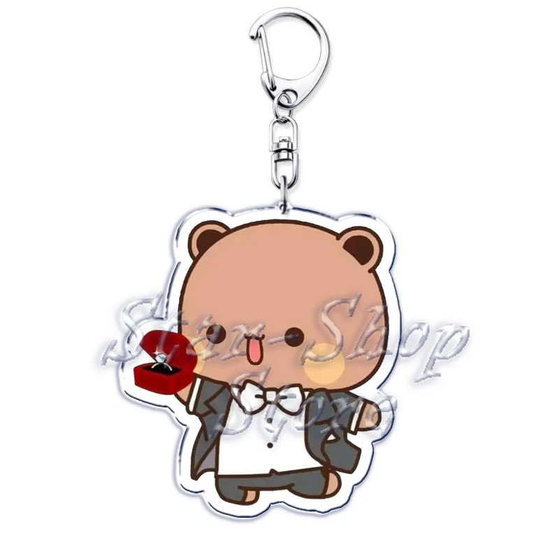 Bubu Dudu Rose Love Keychains Couple Bear Panda Acrylic Keyrings for Accessories Bag Pendant Key Chain Jewelry Fans Lovers Gifts